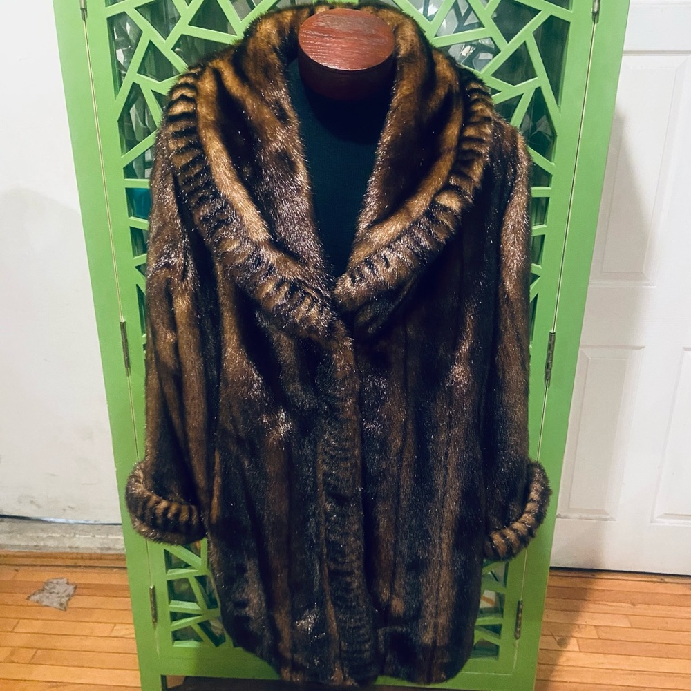 Dennis Basso Luxury Striped Oversized Collar 3/4 Length Faux Fur Coat
